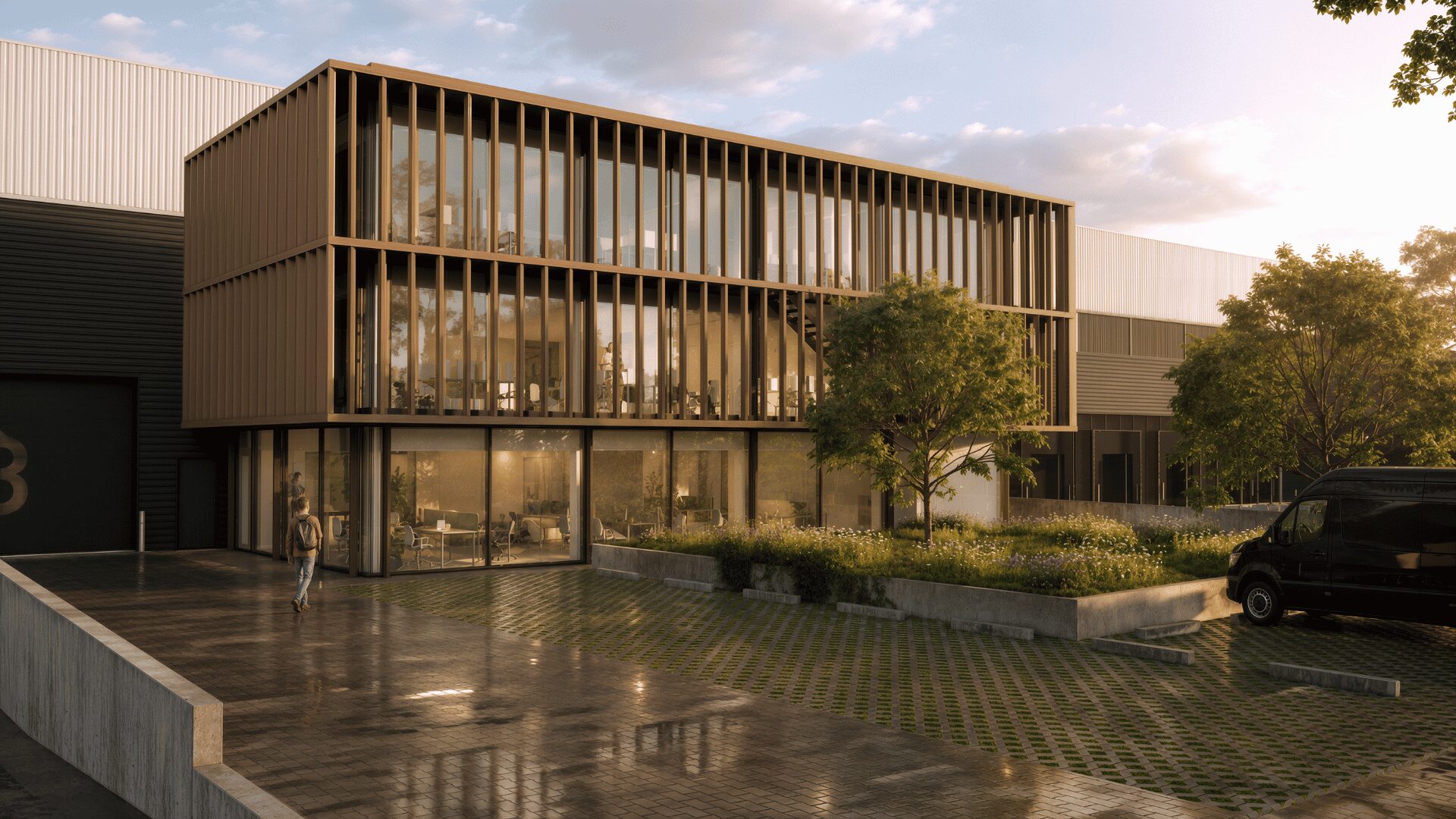 Artist impression van logistiek bedrijfspand in Poeldijk ontwikkeld door Remmers Bouwgroep voor bedrijfshuisvesting