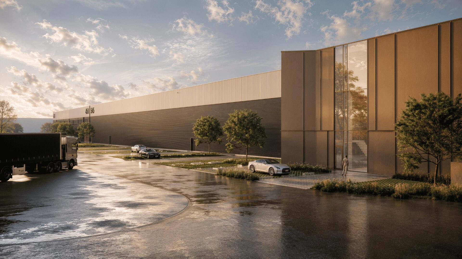 Artist impression van logistiek bedrijfspand in Poeldijk ontwikkeld door Remmers Bouwgroep voor bedrijfshuisvesting