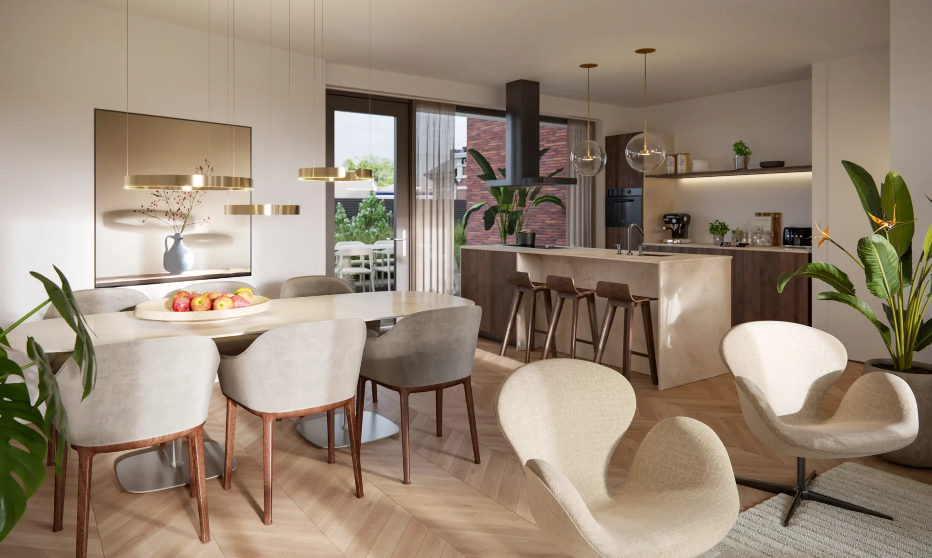 Impressie woonkamer, leefkeuken 3-kamer appartement Hof van Nieuwland