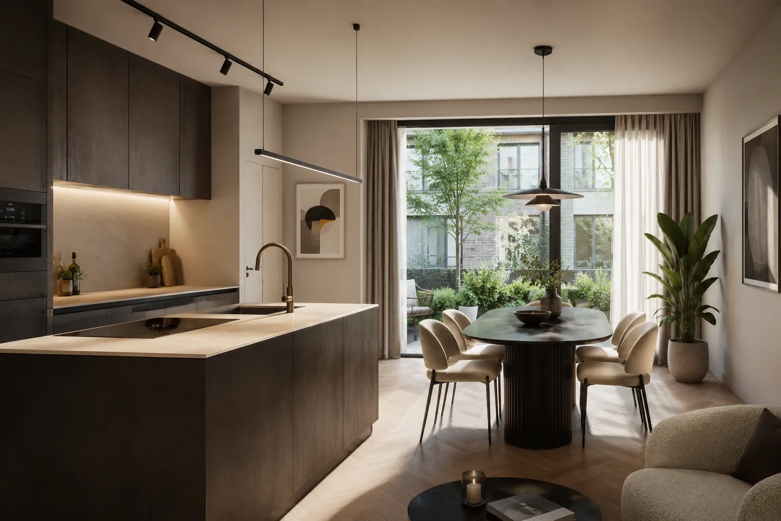 Hof van Nieuwland herontwikkeling in Nieuwlandstraat in Tilburg door Remmers Bouwgroep. Keuken en woonkamer impressie