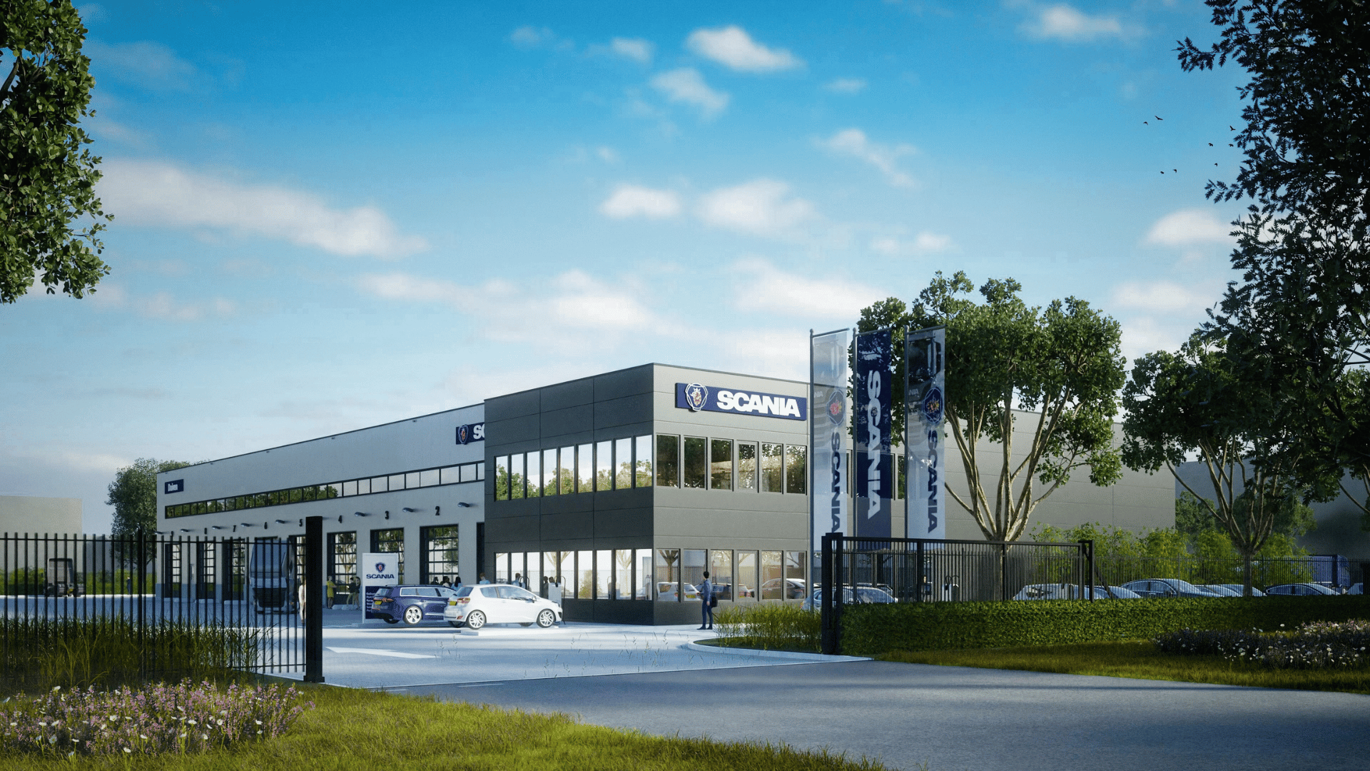 Artist Impression nieuwe bedrijfshuisvesting Scania in Duiven. Realisatie door Remmers Bouwgroep. Ontwikkelaar Next Level Development