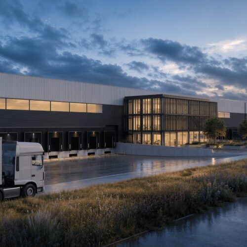 Artist impression van logistiek bedrijfspand in Poeldijk ontwikkeld door Remmers Bouwgroep voor bedrijfshuisvesting